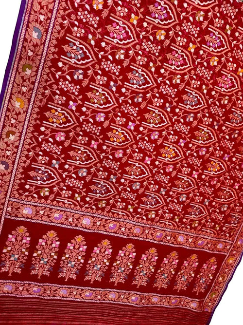 Red Pure Banarasi Jamdani Handloom Meenakari Cotton Saree