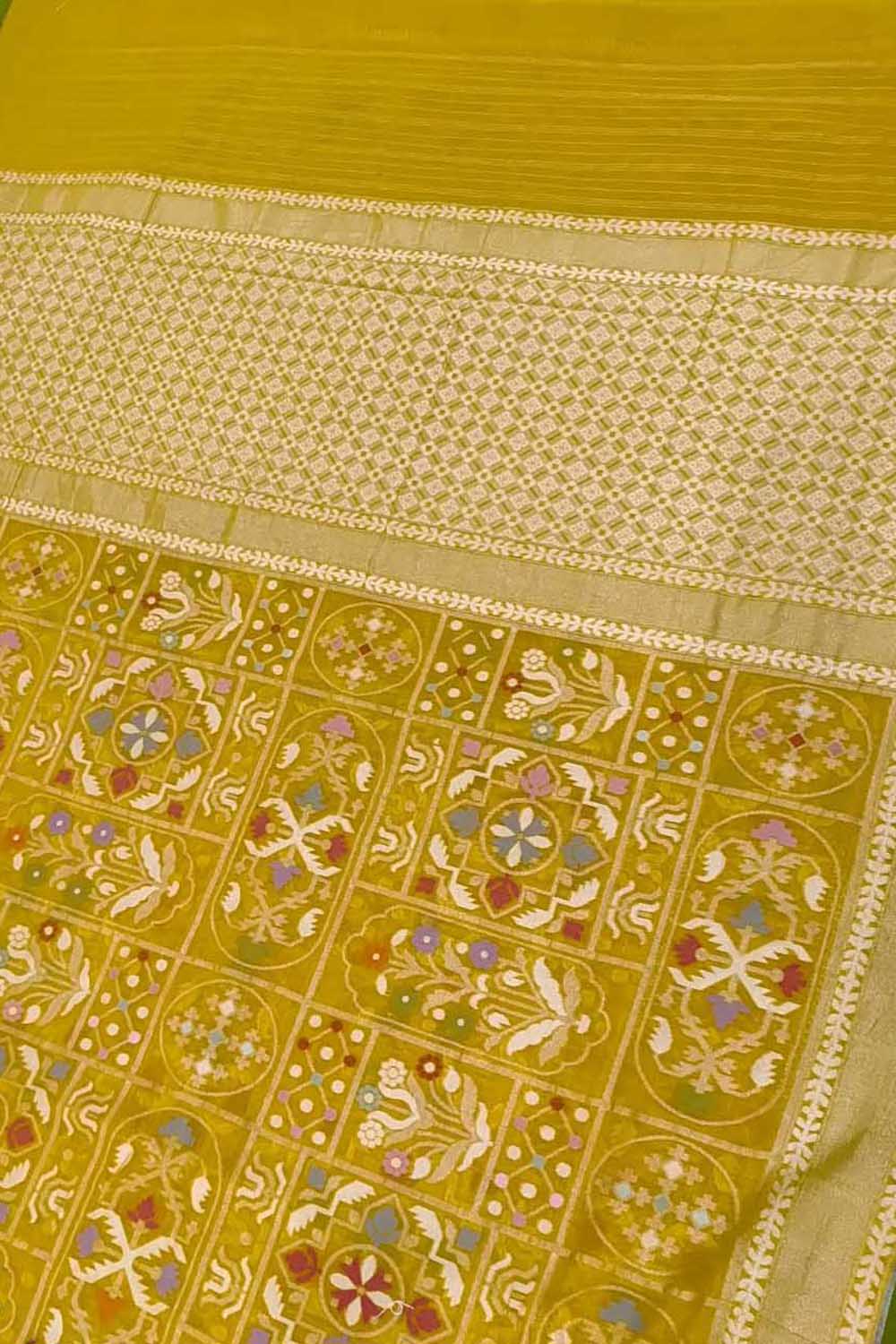 Yellow Pure Banarasi Jamdani Handloom Meenakari Cotton Saree
