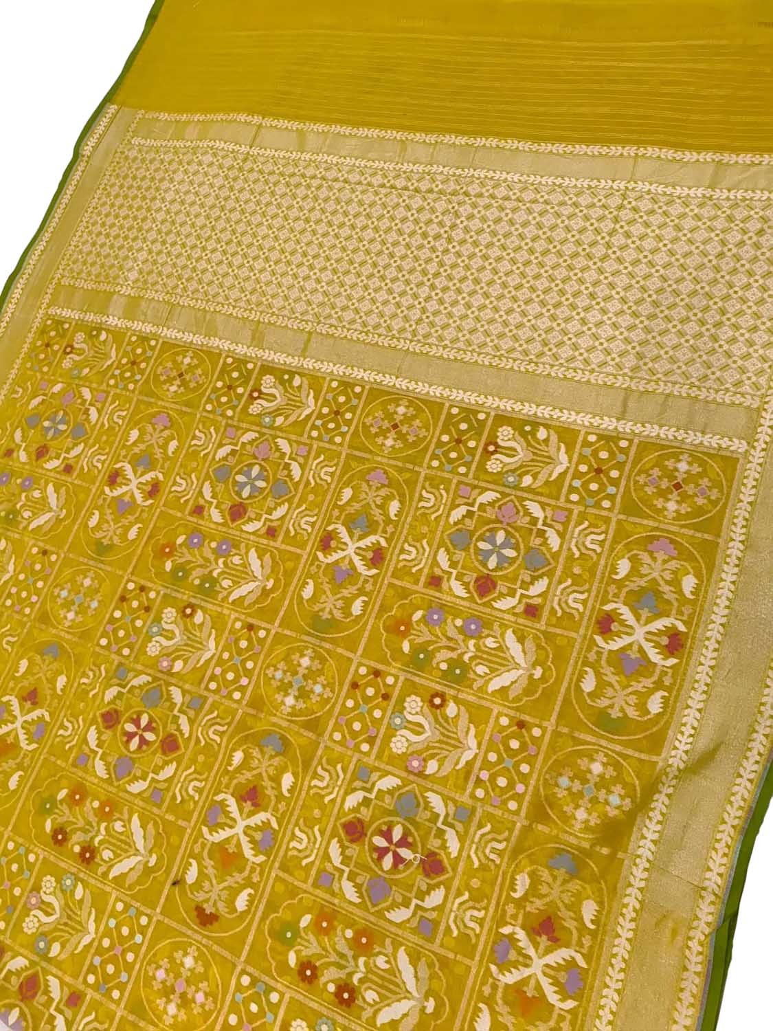 Yellow Pure Banarasi Jamdani Handloom Meenakari Cotton Saree