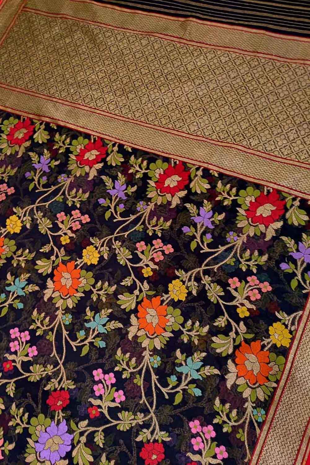 Black Pure Banarasi Jamdani Handloom Meenakari Cotton Saree