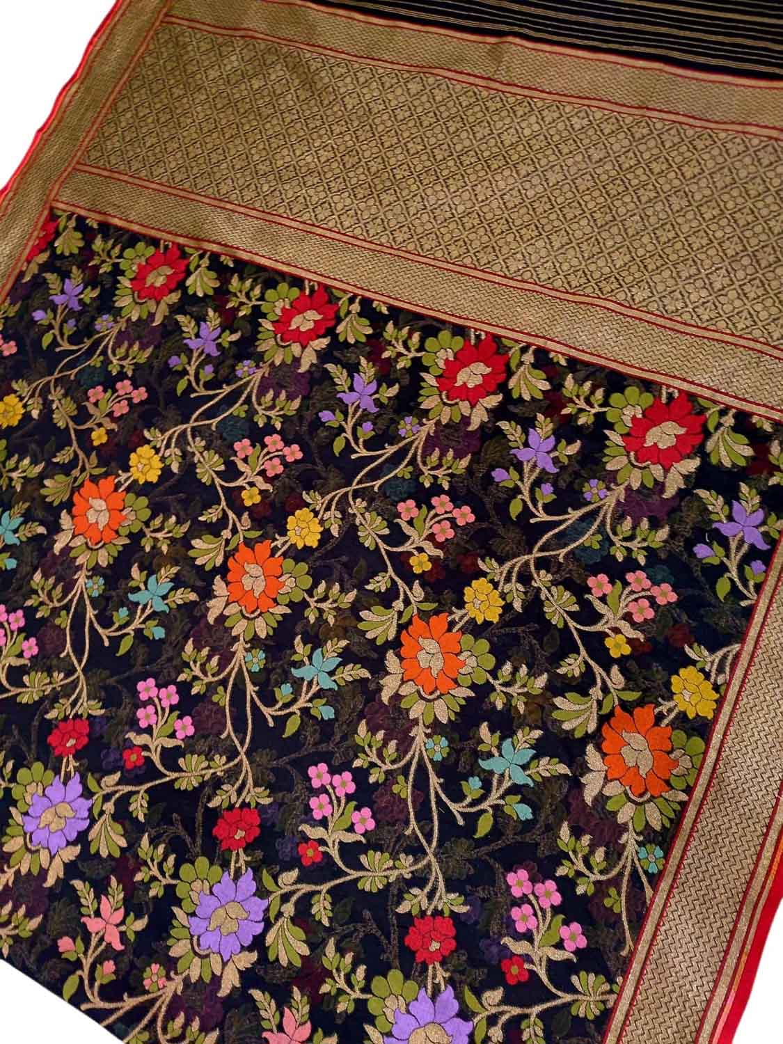 Black Pure Banarasi Jamdani Handloom Meenakari Cotton Saree