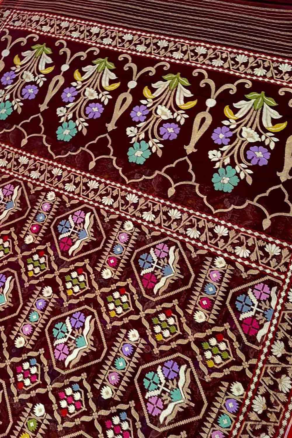 Maroon Pure Banarasi Jamdani Handloom Meenakari Cotton Saree