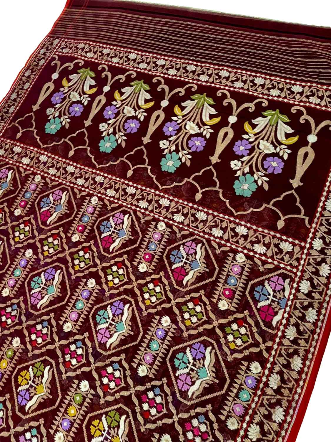 Maroon Pure Banarasi Jamdani Handloom Meenakari Cotton Saree