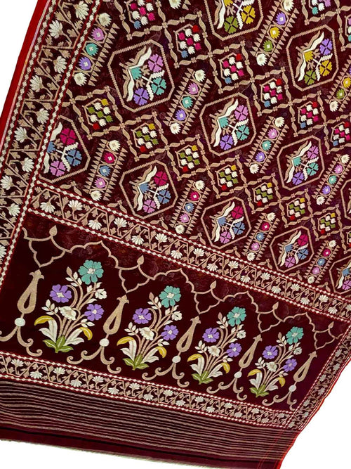 Maroon Pure Banarasi Jamdani Handloom Meenakari Cotton Saree