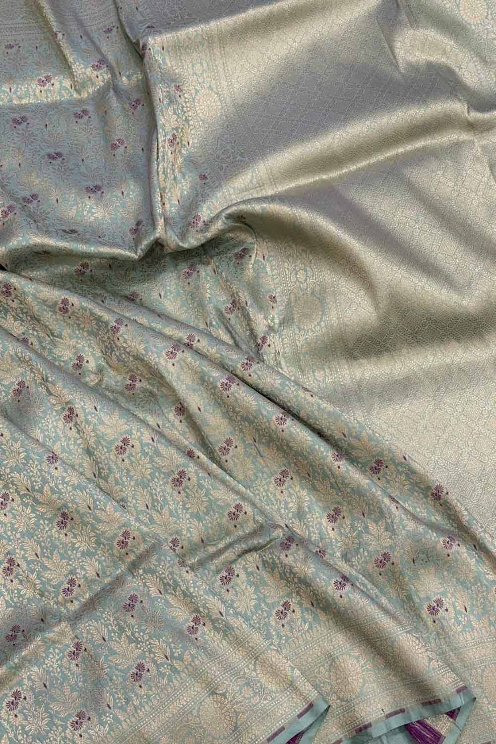 Grey Handloom Banarasi Pure Katan Silk Flower Design Saree