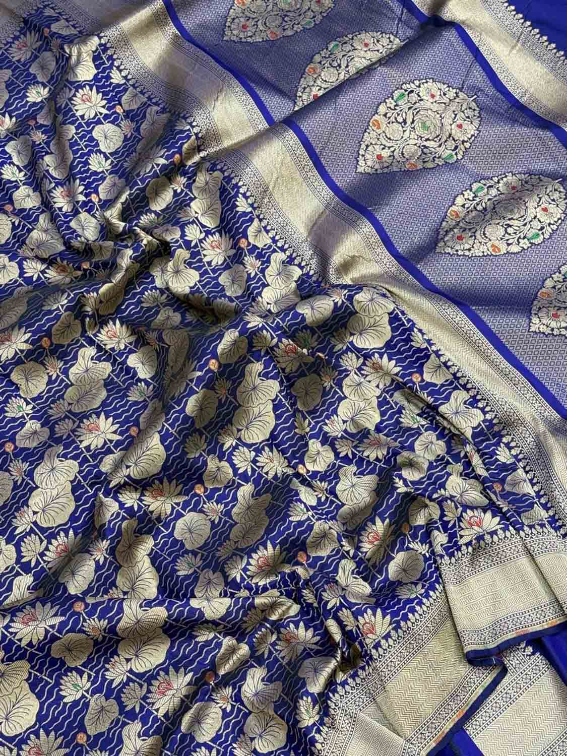 Blue Handloom Banarasi Pure Katan Silk Flower Design Saree