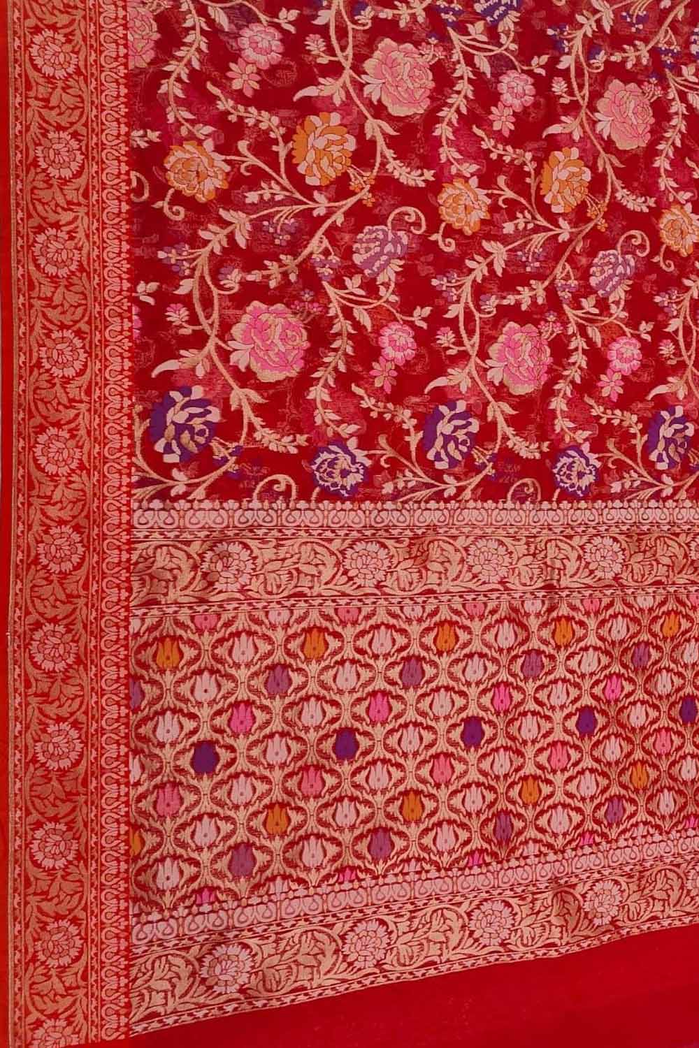 Red Banarasi Jamdani Handloom Kora Meenakari Saree