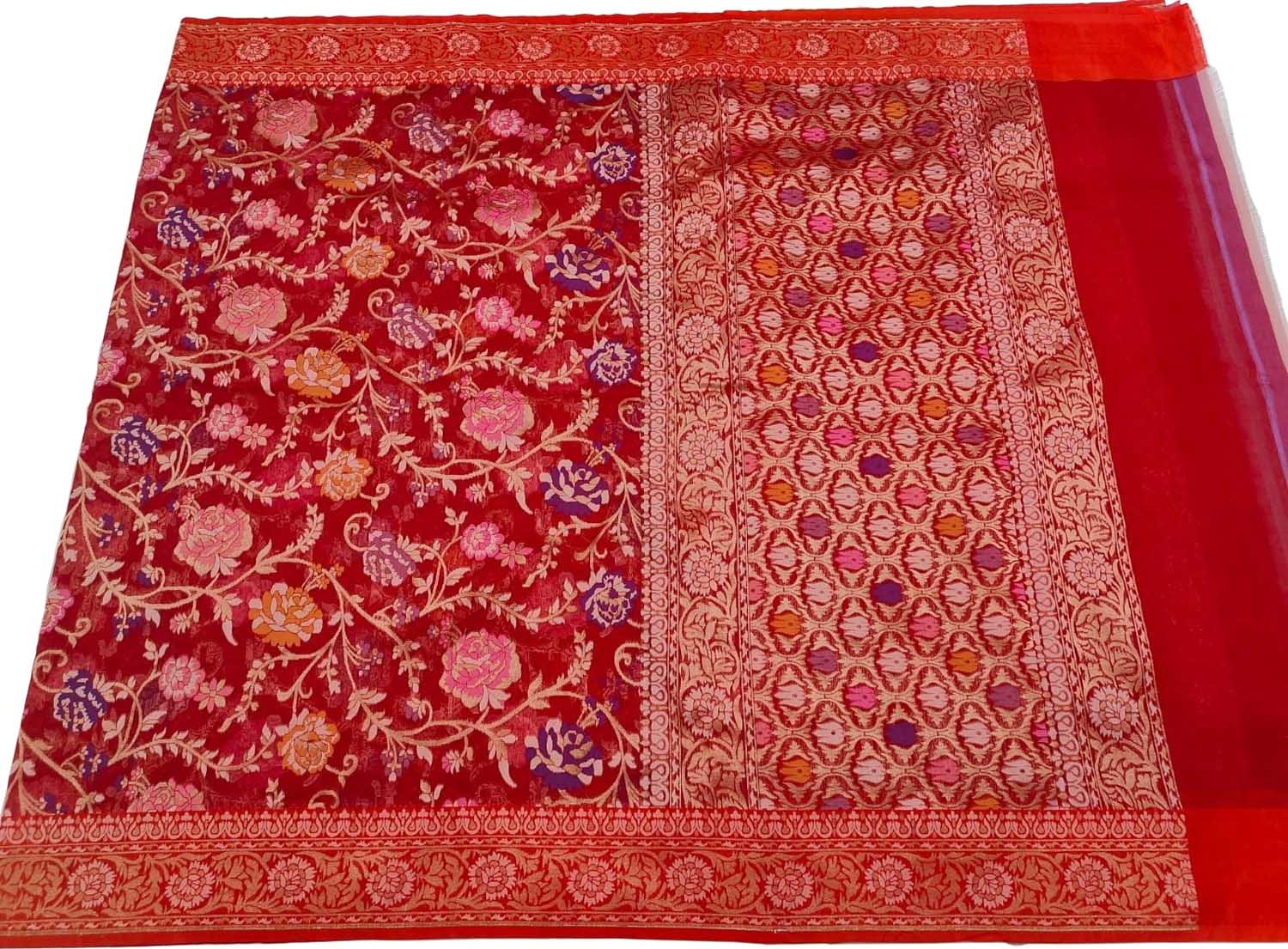 Red Banarasi Jamdani Handloom Kora Meenakari Saree