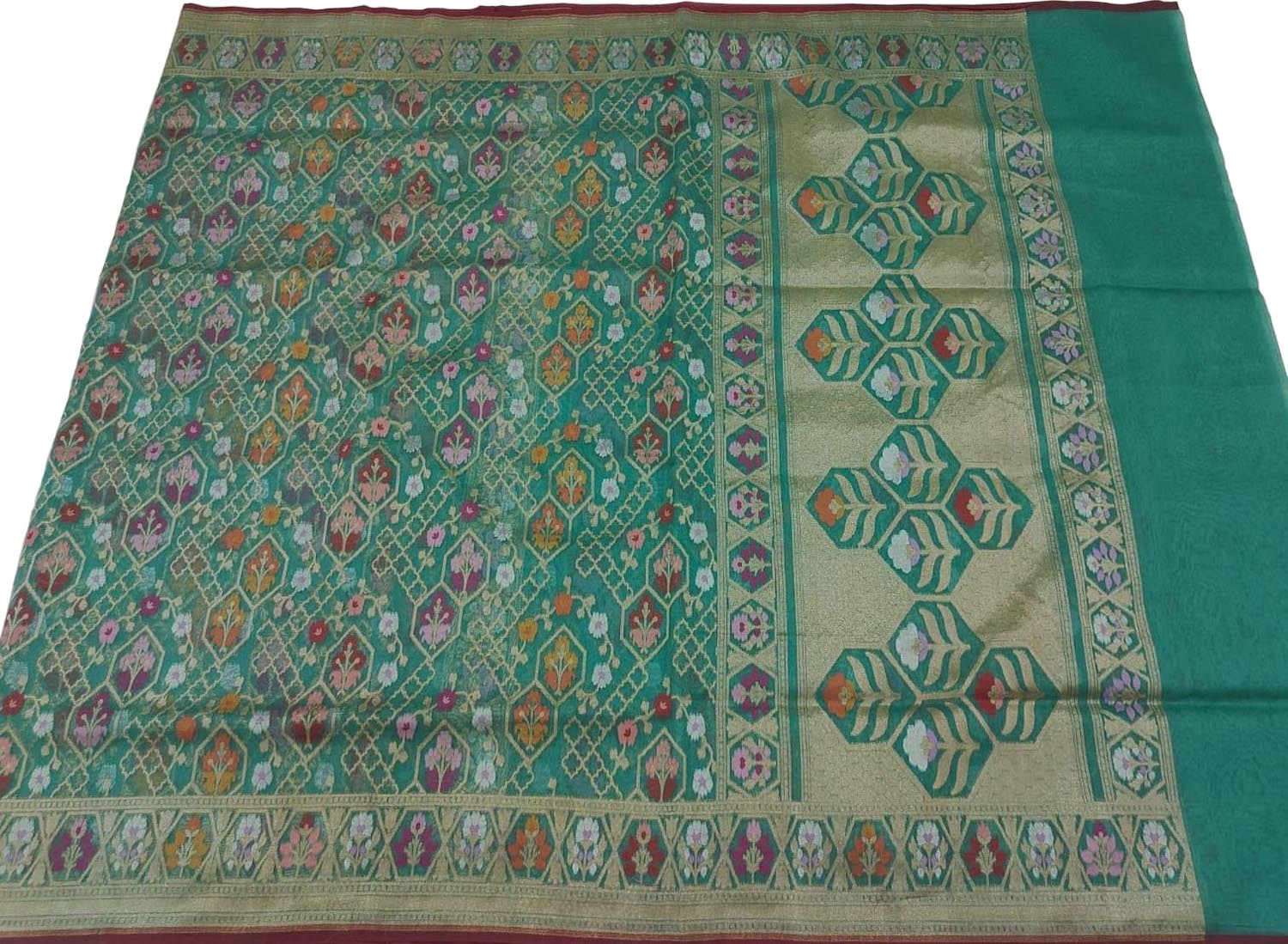 Green Banarasi Jamdani Handloom Kora Meenakari Saree