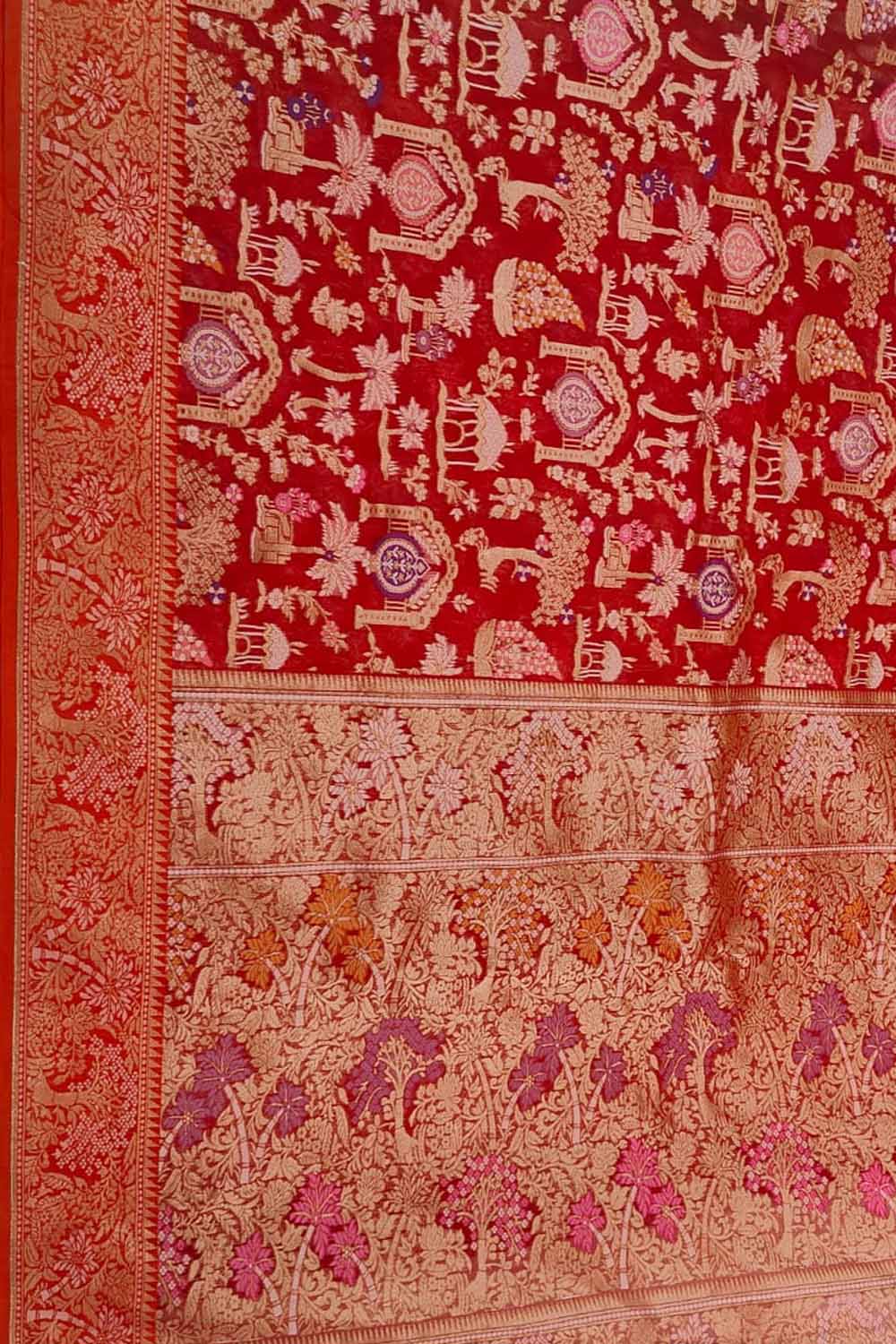 Red Banarasi Jamdani Handloom Kora Meenakari Saree