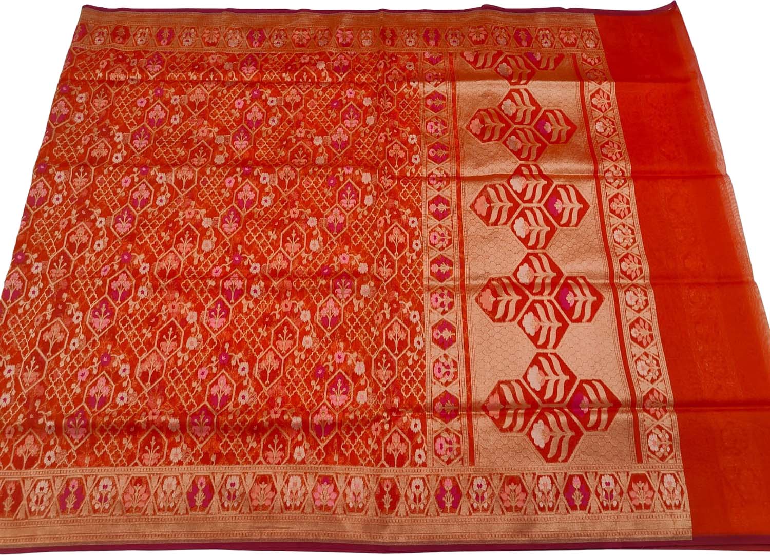 Red Banarasi Jamdani Handloom Kora Meenakari Saree