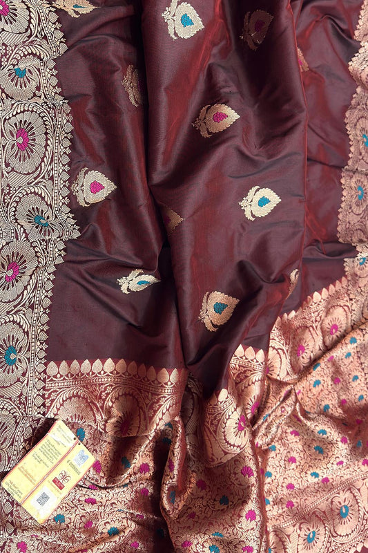 Elegant Maroon Banarasi Katan Silk Saree - Luxurion World
