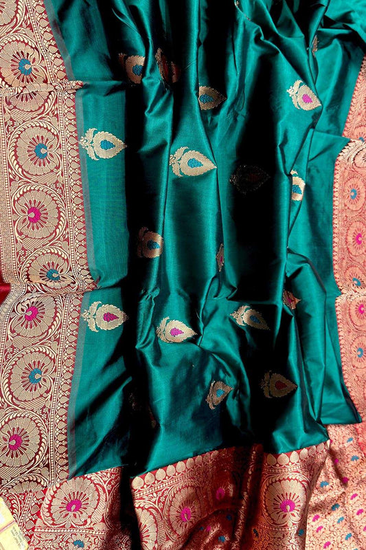 Stunning Green Banarasi Katan Silk Meenakari Saree - Luxurion World