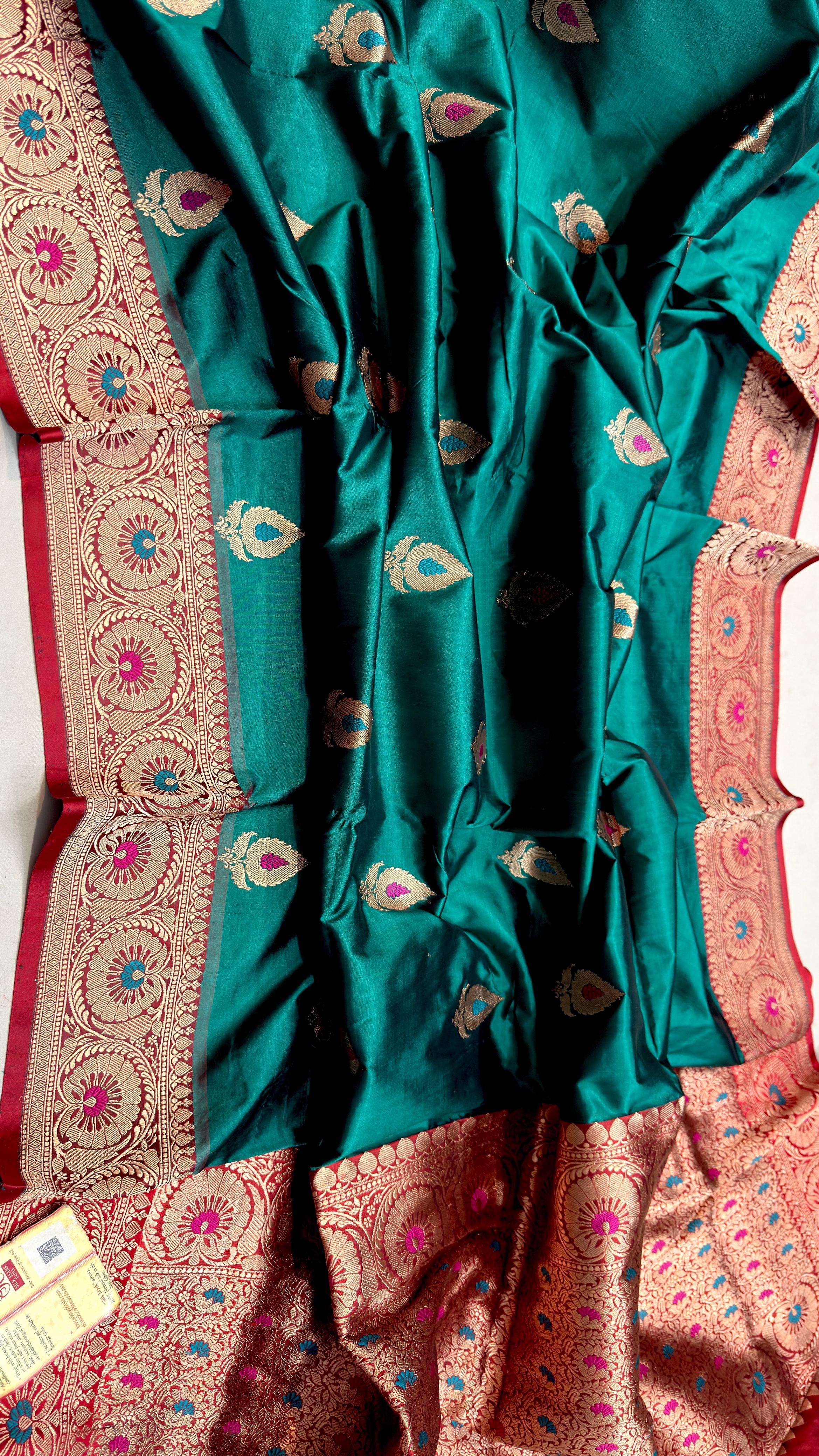 Stunning Green Banarasi Katan Silk Meenakari Saree - Luxurion World