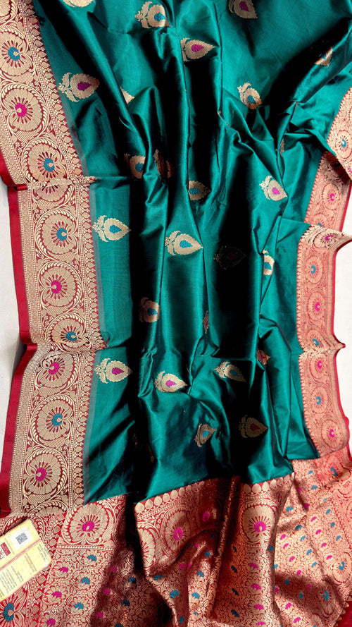 Stunning Green Banarasi Katan Silk Meenakari Saree - Luxurion World