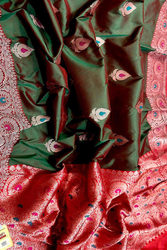 Green Banarasi Katan Silk Meenakari Saree - Luxurion World
