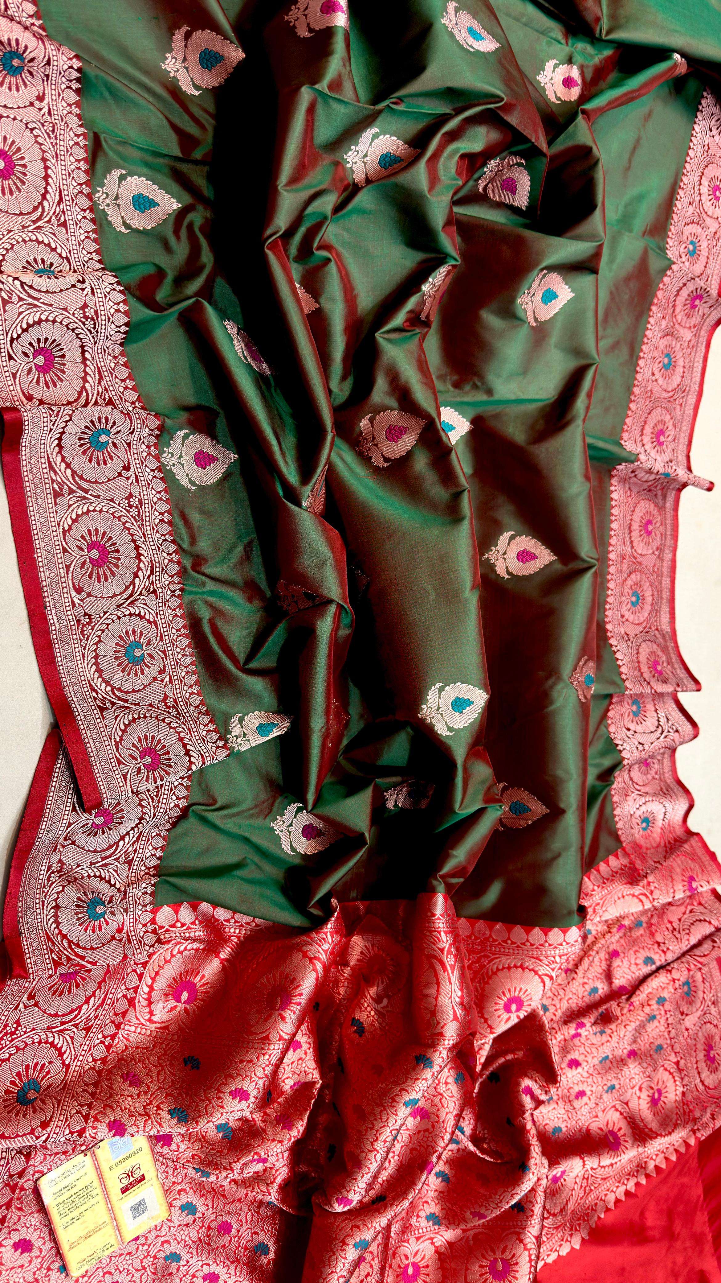 Green Banarasi Katan Silk Meenakari Saree - Luxurion World