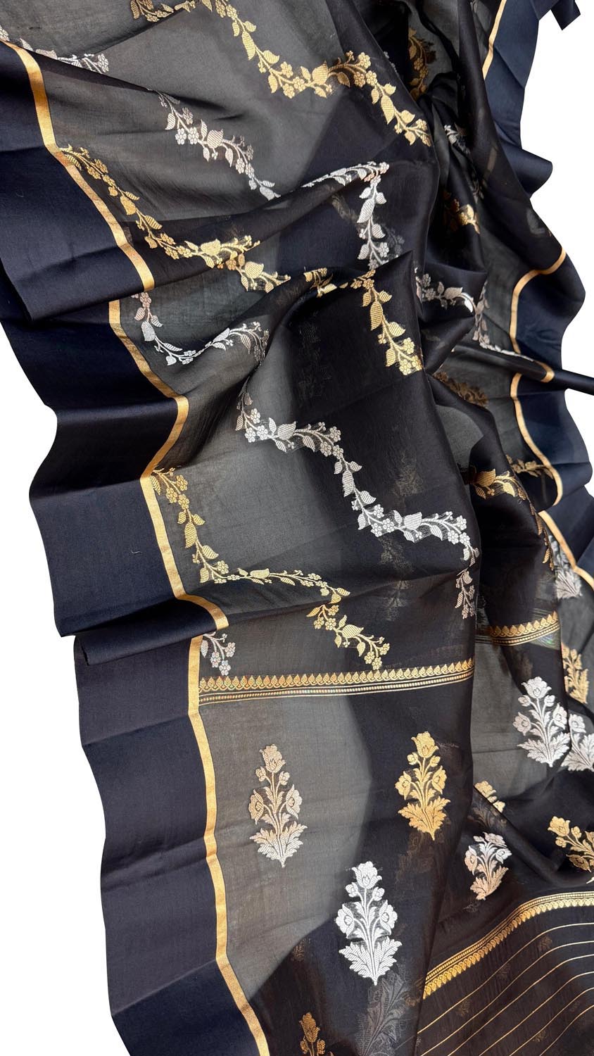 Black Banarasi Handloom Kora Silk Sona Roopa Flower Design Saree