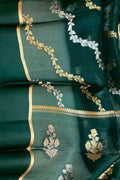 Green Banarasi Handloom Kora Silk Sona Roopa Flower Design Saree