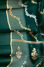 Green Banarasi Handloom Kora Silk Sona Roopa Flower Design Saree
