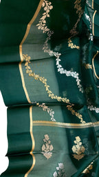 Green Banarasi Handloom Kora Silk Sona Roopa Flower Design Saree