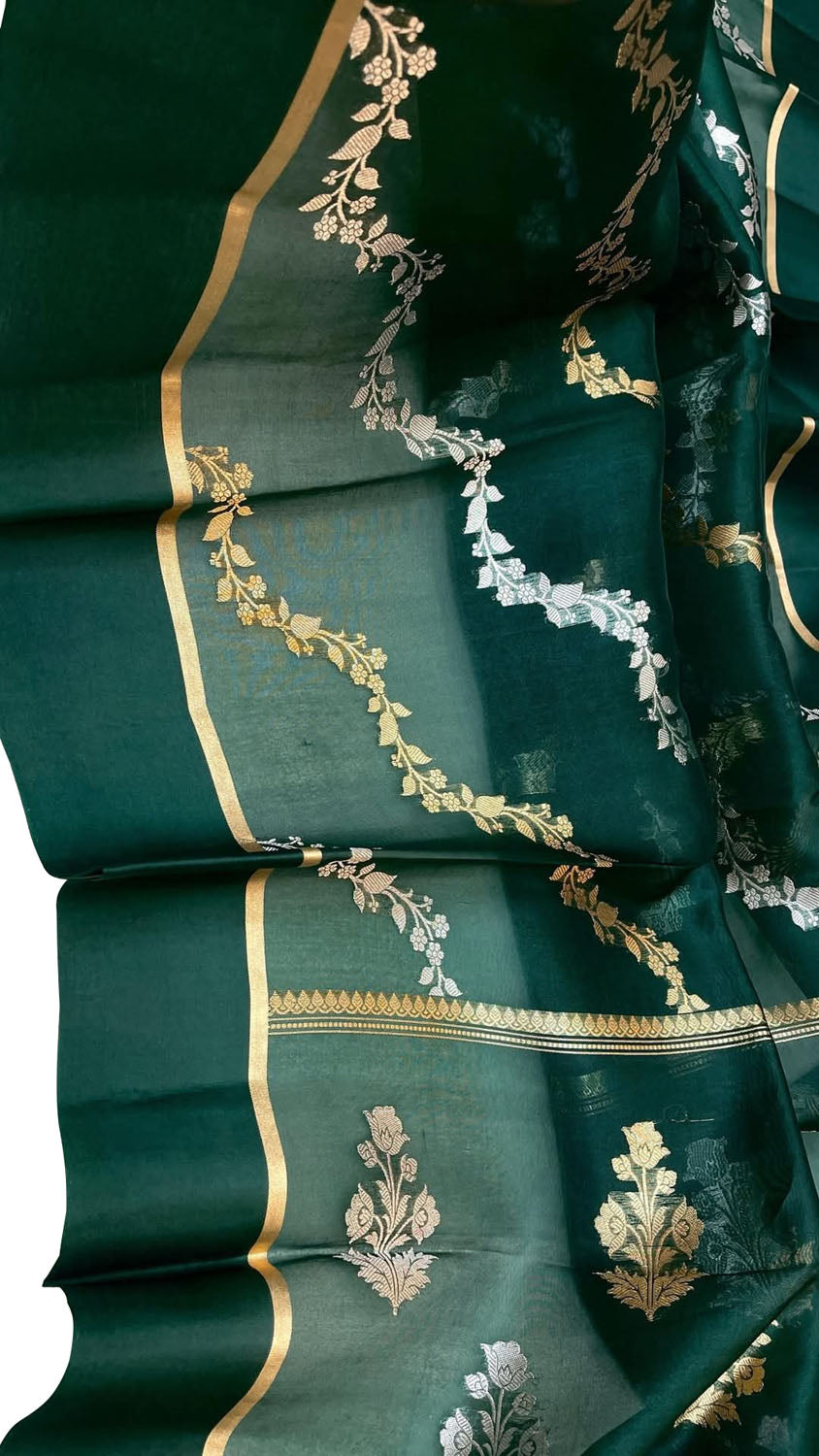 Green Banarasi Handloom Kora Silk Sona Roopa Flower Design Saree