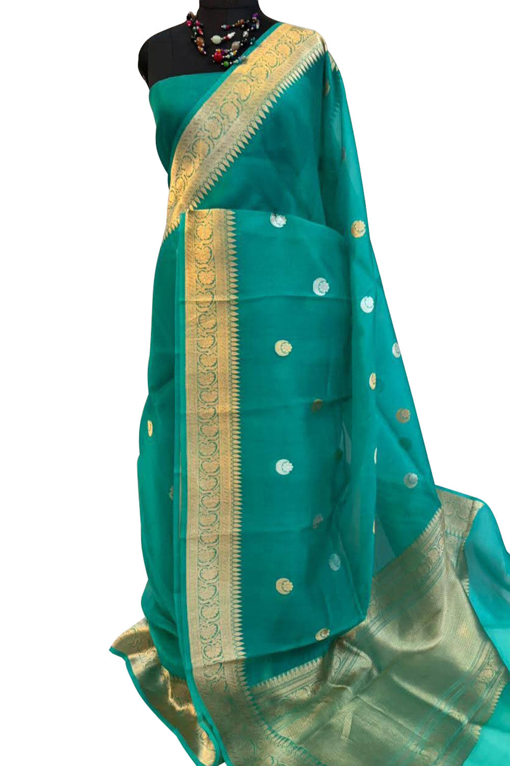 PS1B1UM126060501 Blue Banarasi Handloom Kora Silk Chand Booti Design Saree