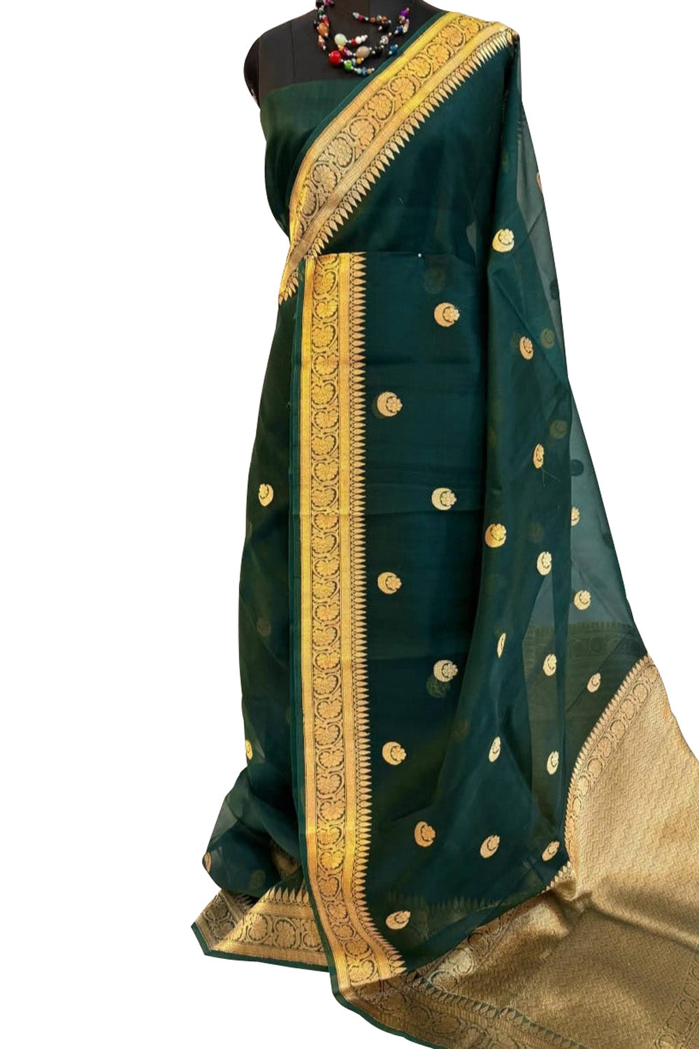 Green Banarasi Handloom Kora Silk Chand Booti Design Saree