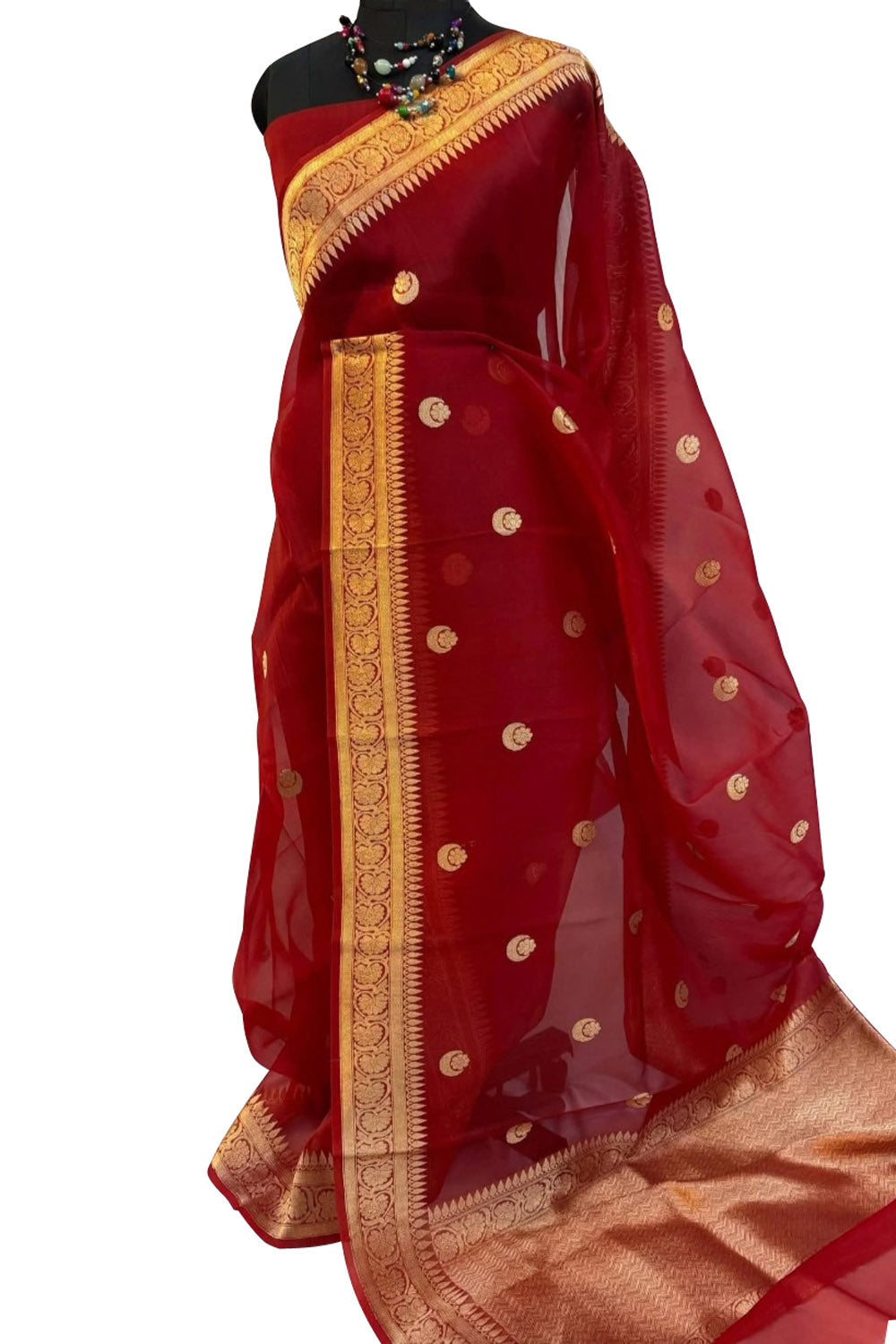 Red Banarasi Handloom Kora Silk Chand Booti Design Saree