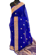 Blue Banarasi Handloom Kora Silk Chand Booti Design Saree