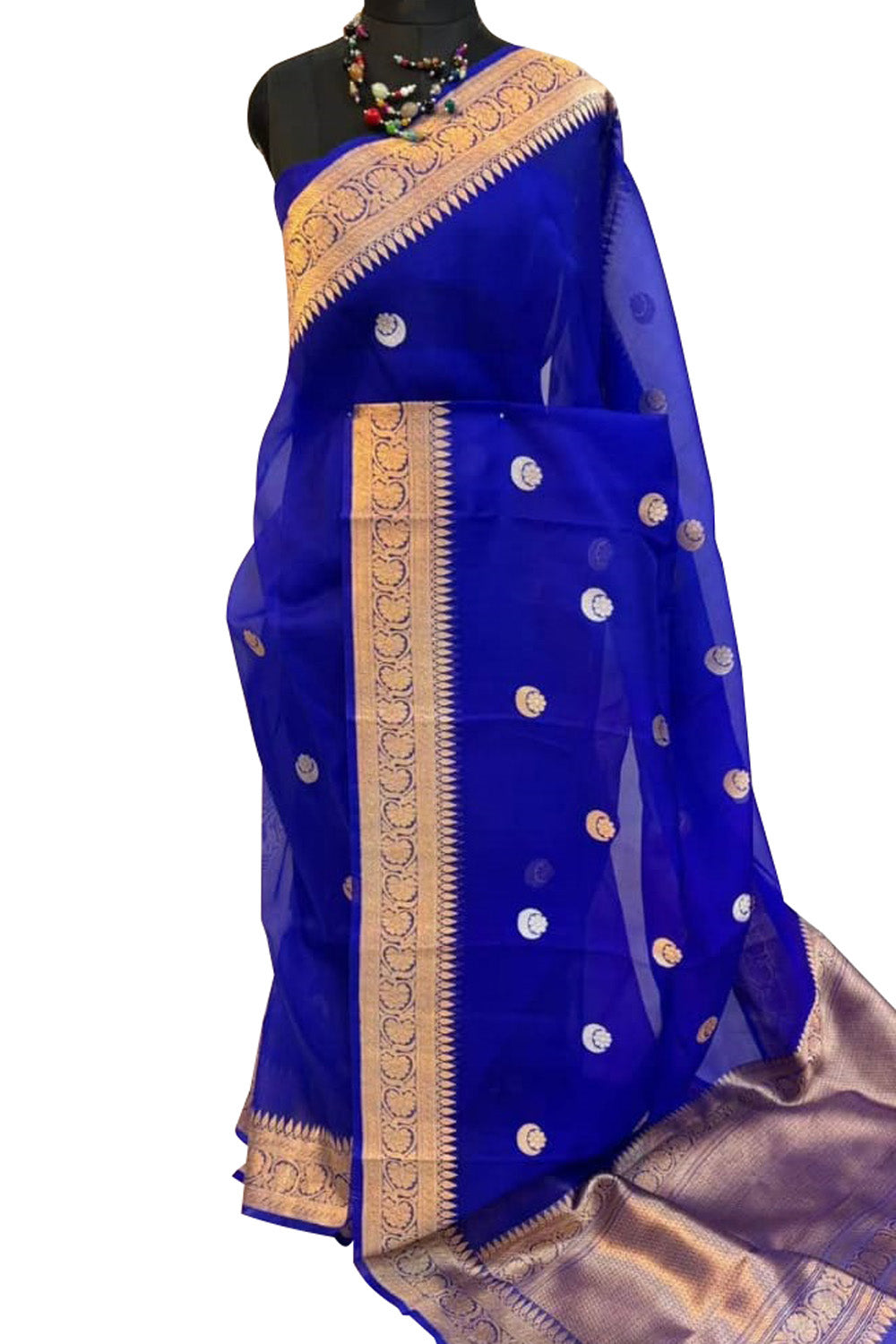 Blue Banarasi Handloom Kora Silk Chand Booti Design Saree