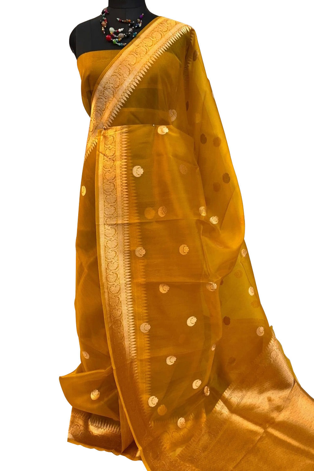 Yellow Banarasi Handloom Kora Silk Chand Booti Design Saree