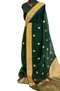 Green Banarasi Handloom Kora Silk Chand Booti Design Saree