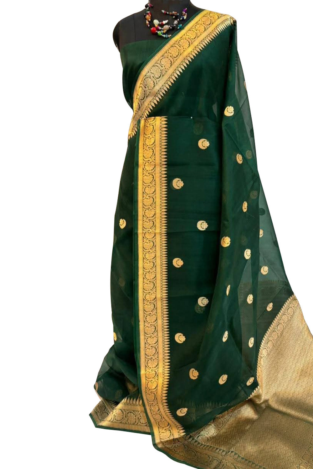 Green Banarasi Handloom Kora Silk Chand Booti Design Saree