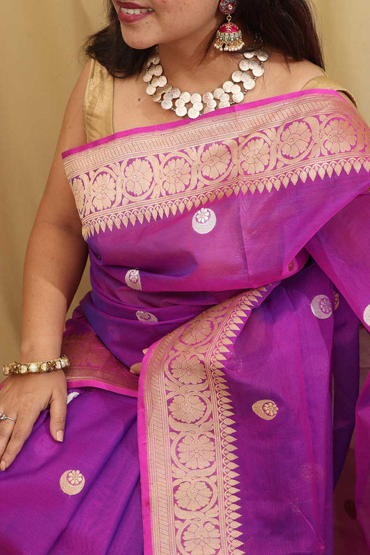 Purple Handloom Banarasi Pure Kora Silk Chand Boota Design Saree