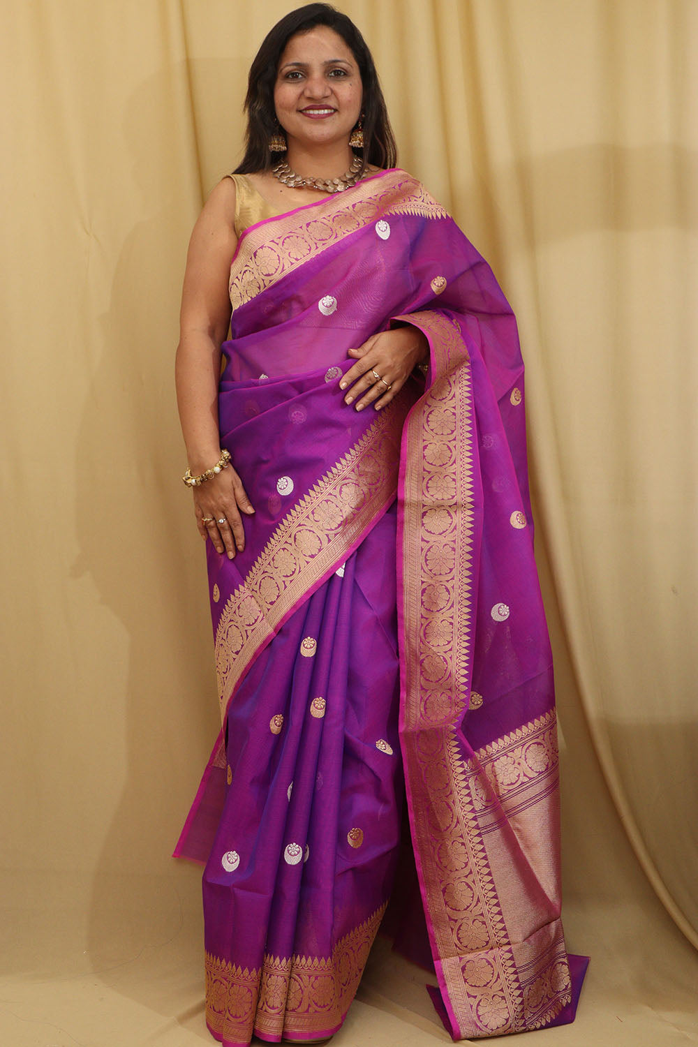Purple Handloom Banarasi Pure Kora Silk Chand Boota Design Saree - Luxurion World