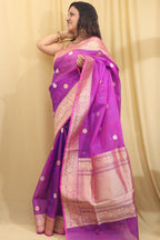 Purple Handloom Banarasi Pure Kora Silk Chand Boota Design Saree - Luxurion World