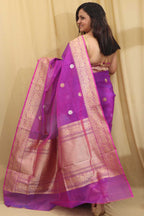 Purple Handloom Banarasi Pure Kora Silk Chand Boota Design Saree - Luxurion World