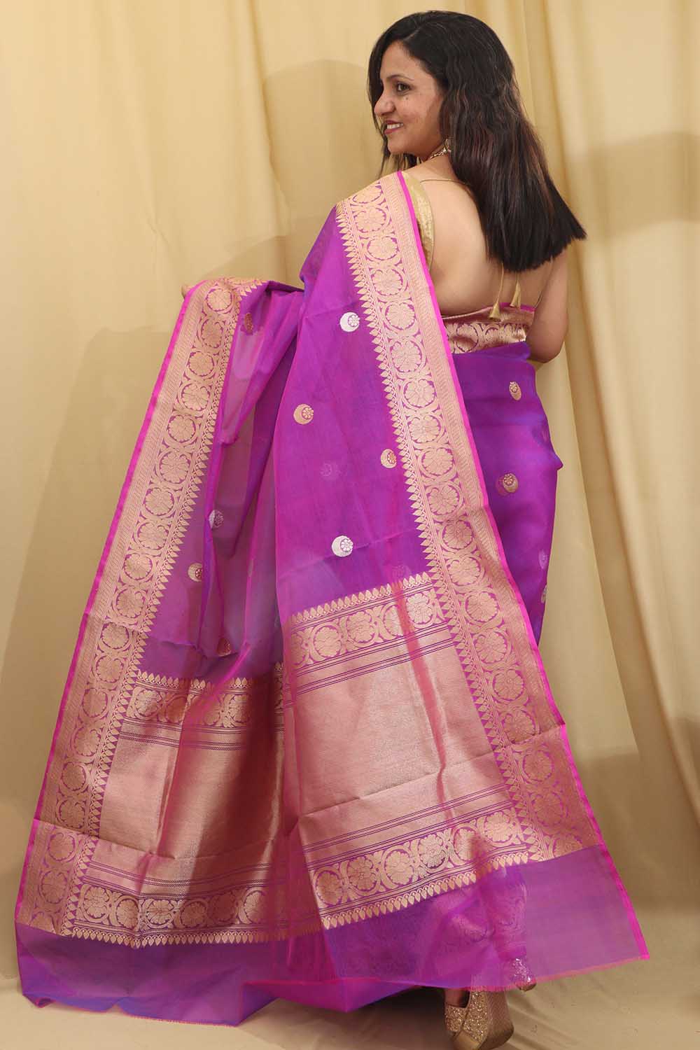 Purple Handloom Banarasi Pure Kora Silk Chand Boota Design Saree - Luxurion World