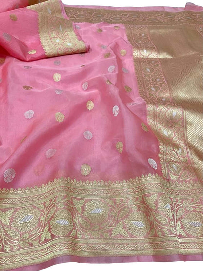 Pink Handloom Banarasi Pure Kora Silk Saree - Luxurion World