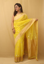 Yellow Banarasi Handloom Pure Kora Organza Silk Saree - Luxurion World
