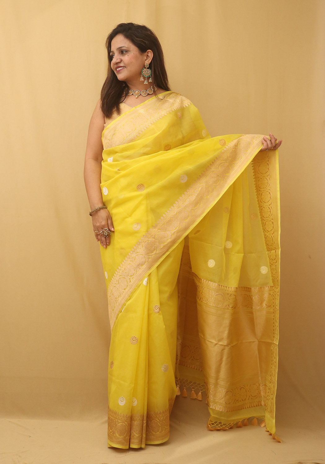 Yellow Banarasi Handloom Pure Kora Organza Silk Saree - Luxurion World