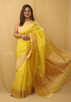 Yellow Banarasi Handloom Pure Kora Organza Silk Saree - Luxurion World