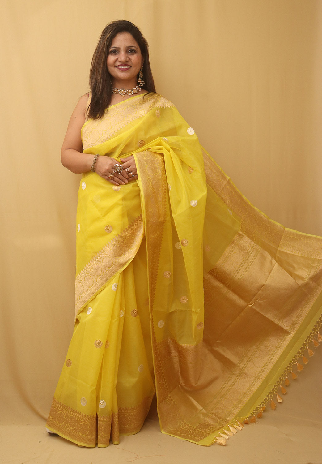 Yellow Banarasi Handloom Pure Kora Organza Silk Saree - Luxurion World
