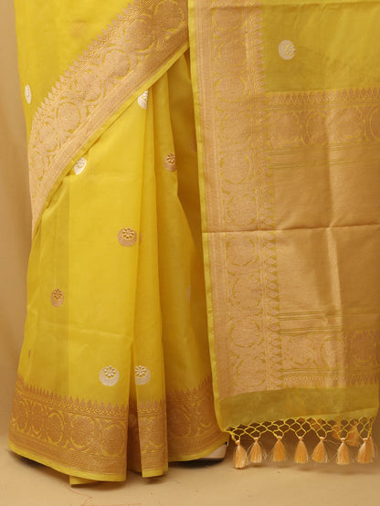 Yellow Banarasi Handloom Pure Kora Organza Silk Saree - Luxurion World