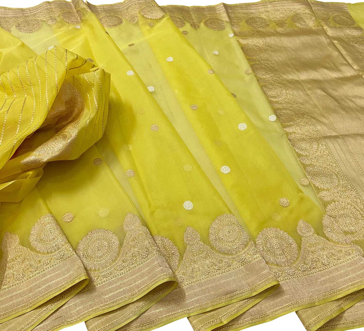 Exquisite Yellow Banarasi Kora Silk Saree - Luxurion World