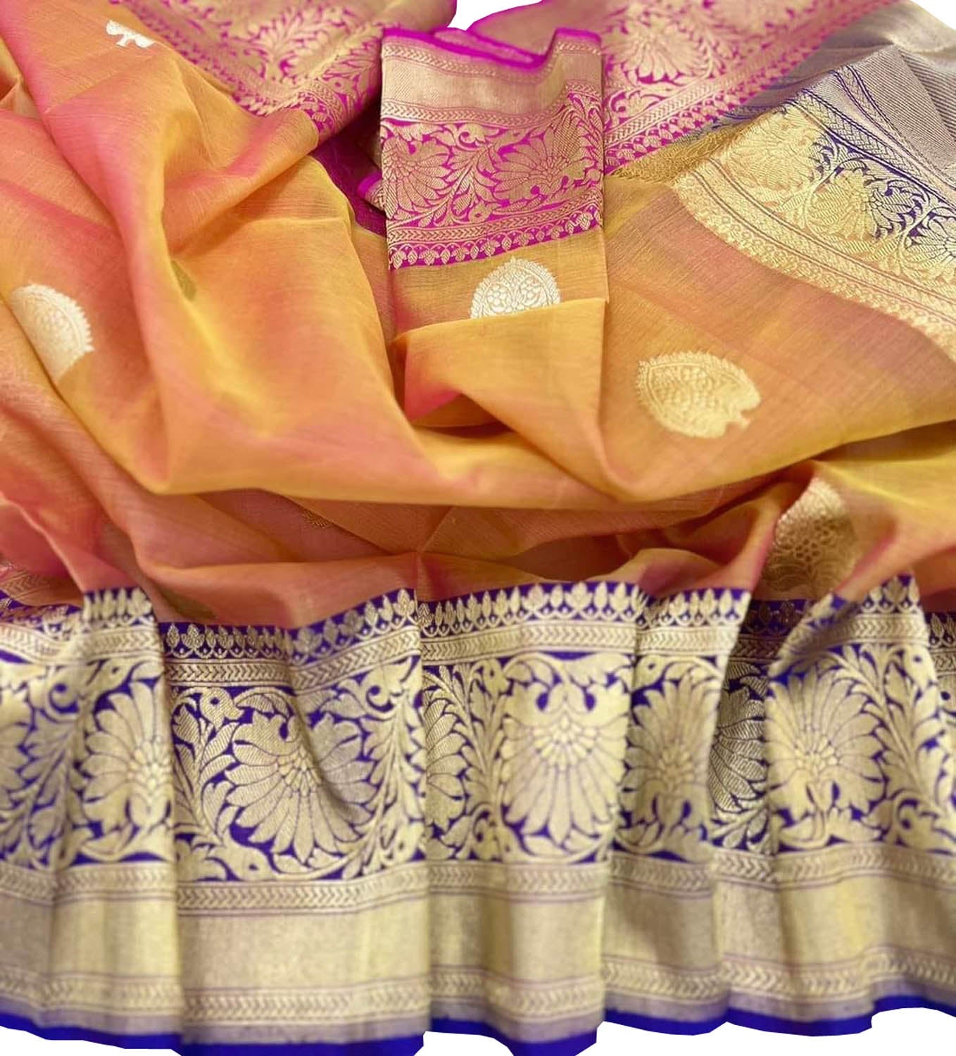 Vibrant Pink & Orange Banarasi Kora Silk Saree - Luxurion World