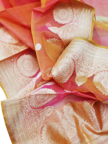 Vibrant Pink & Orange Banarasi Kora Silk Saree - Luxurion World