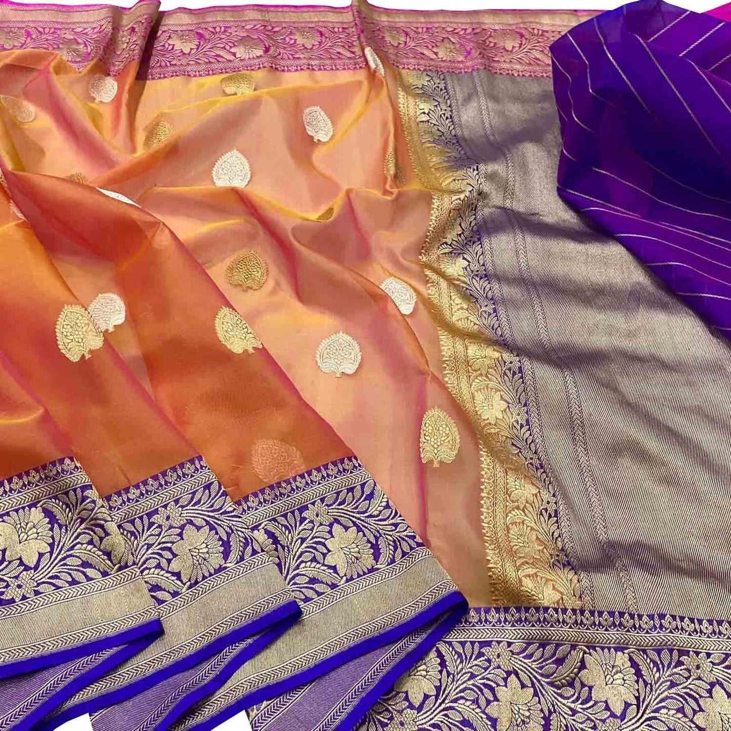 Vibrant Pink & Orange Banarasi Kora Silk Saree - Luxurion World