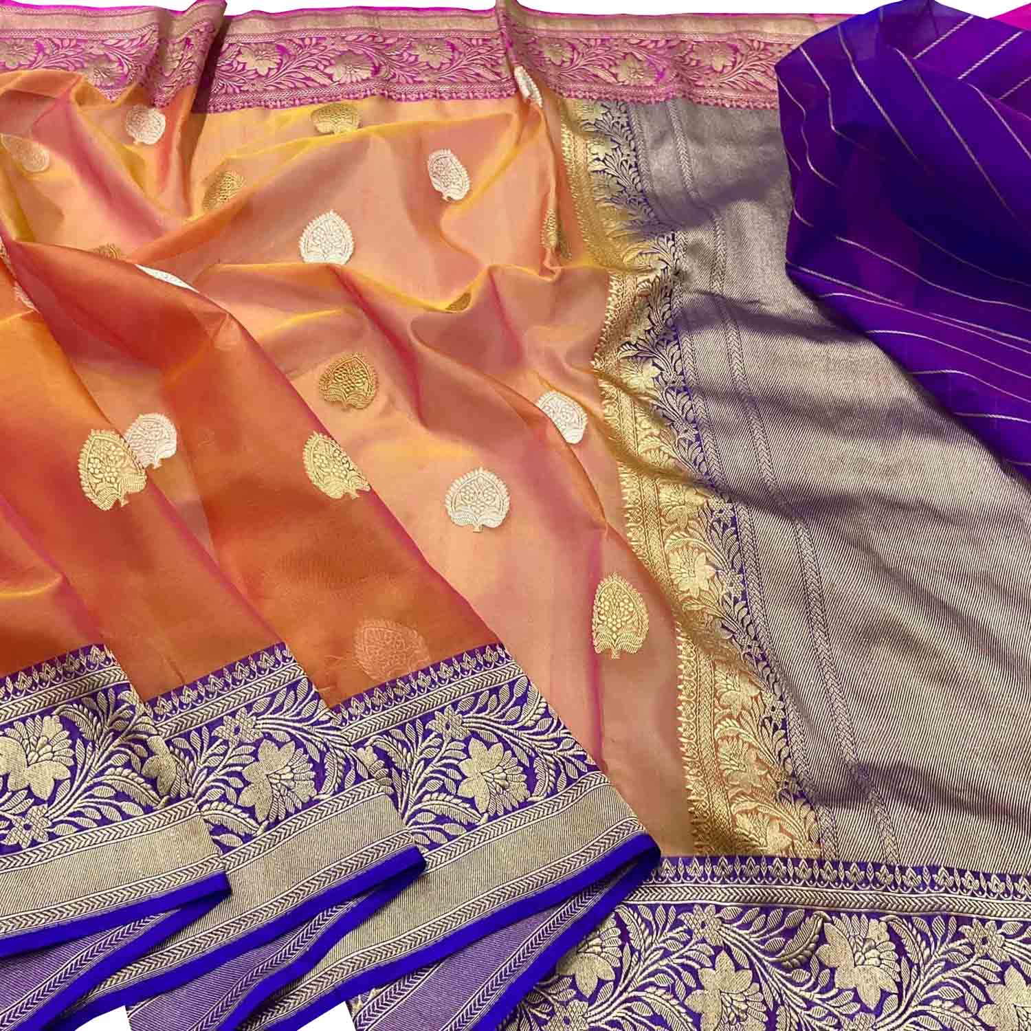 Vibrant Pink & Orange Banarasi Kora Silk Saree - Luxurion World